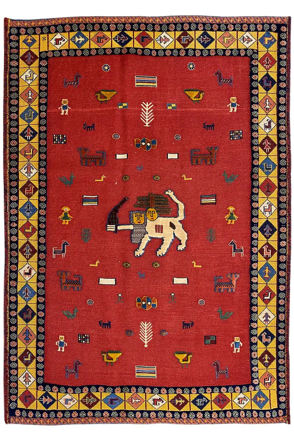 Soumak rug, 193x135 cm: Overall view with many figures and a geometric border