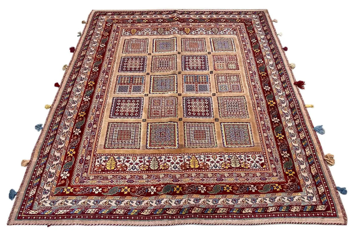 Soumak rug 194x157 cm, all-over red tile pattern, border and tassels