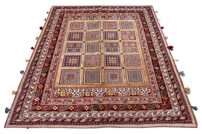 Soumak rug 194x157 cm, all-over red tile pattern, border and tassels