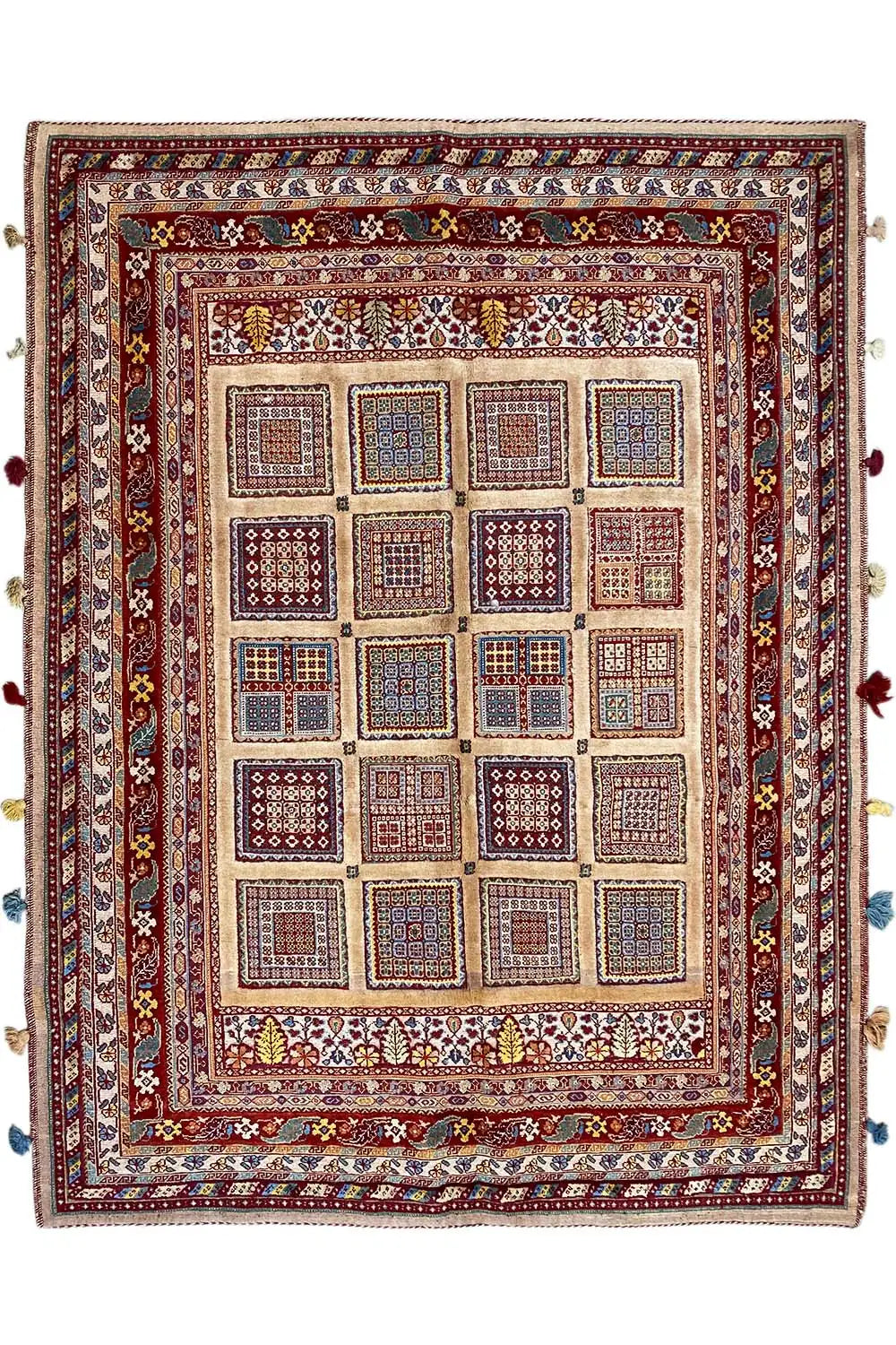 Soumak rug 194x157 cm, wide red border ornament, tile pattern with tassels