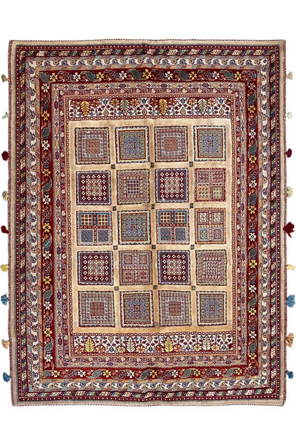Soumak rug 194x157 cm, wide red border ornament, tile pattern with tassels