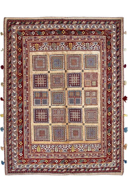 Soumak rug 194x157 cm, wide red border ornament, tile pattern with tassels