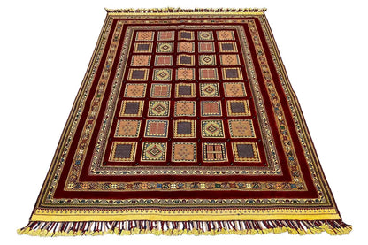 Rug with a geometric checked pattern, reddish brown, framed border, fringes