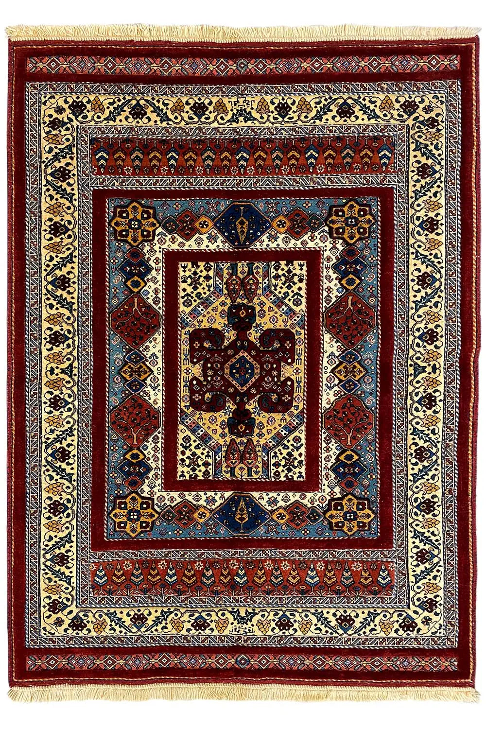Rug with a symmetrical square pattern, cream border, and multicolored ornaments