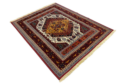 Soumak rug, diagonal, with a red border frame, medallion, and fringes