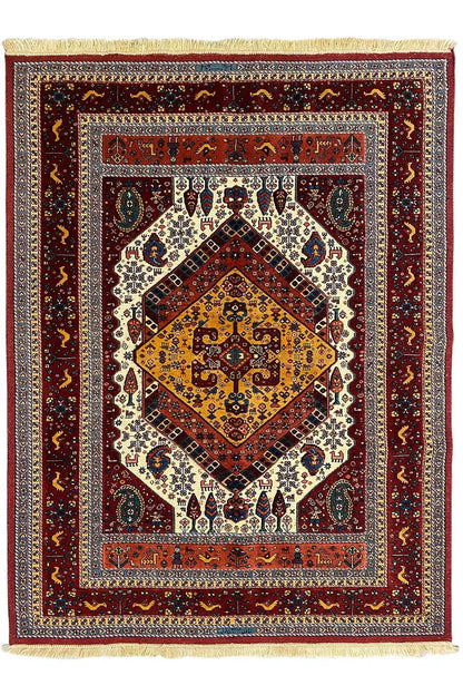 Soumak rug with a red medallion pattern and fringes along the edge