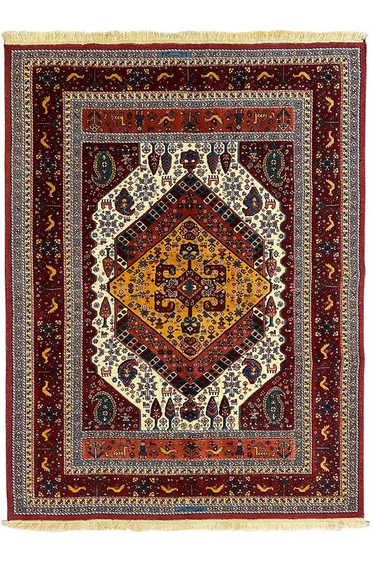 Soumak rug with a red medallion pattern and fringes along the edge