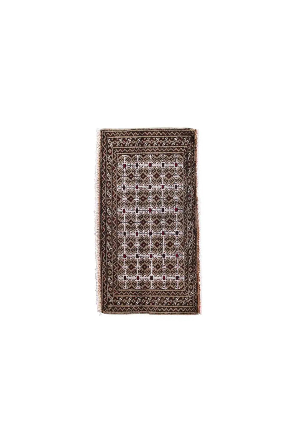 Small Turkmen carpet shown with a geometric central field and dark brown border