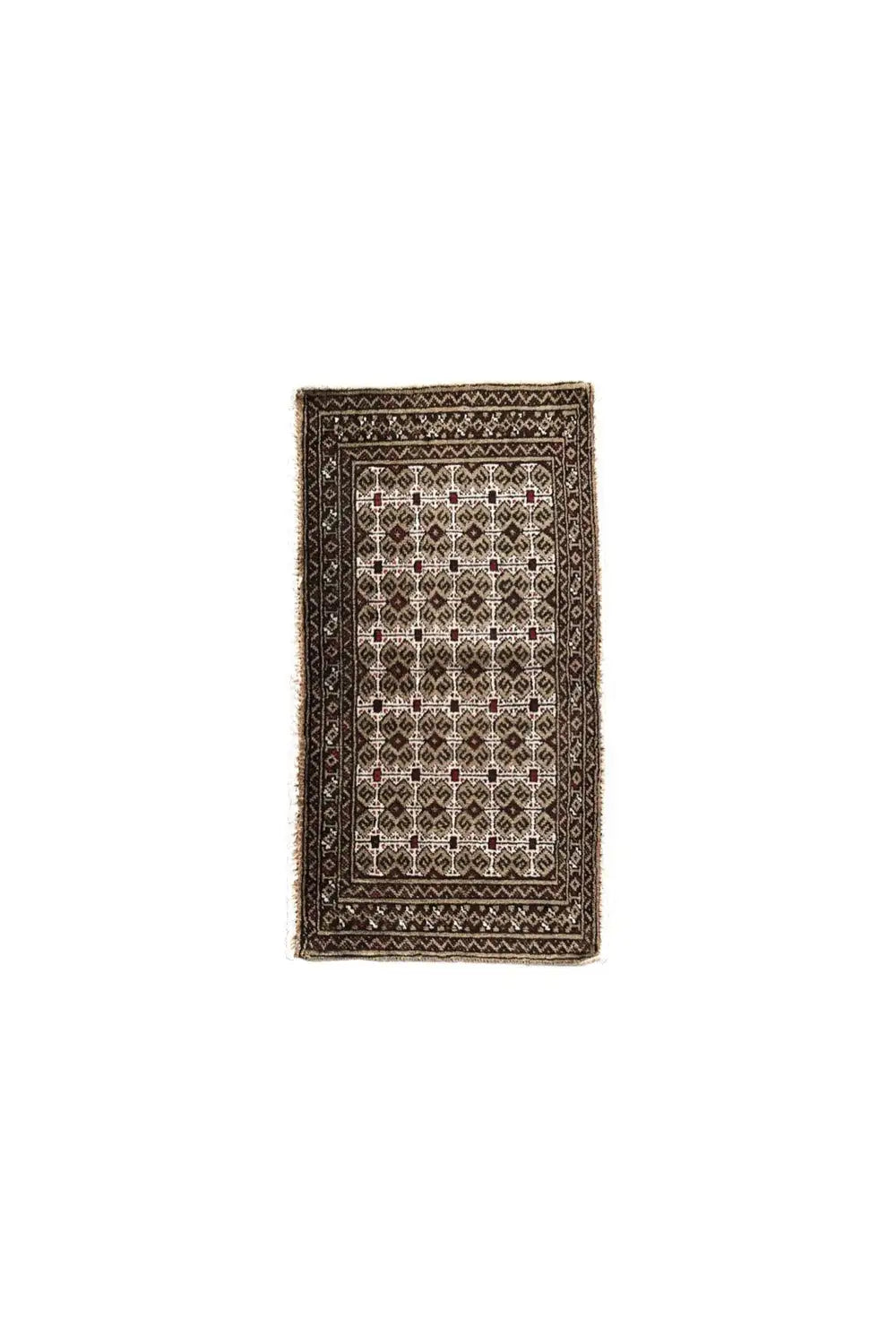 Small-format Turkmen carpet: geometric ornaments in brown, beige, and white