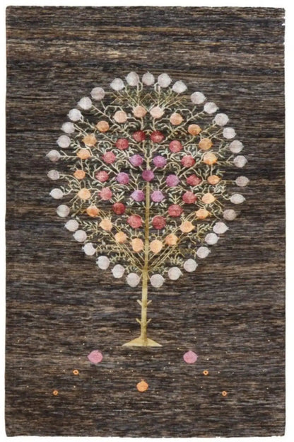 Dark brown carpet with a centered tree circle ornament made of white dots and pink accents