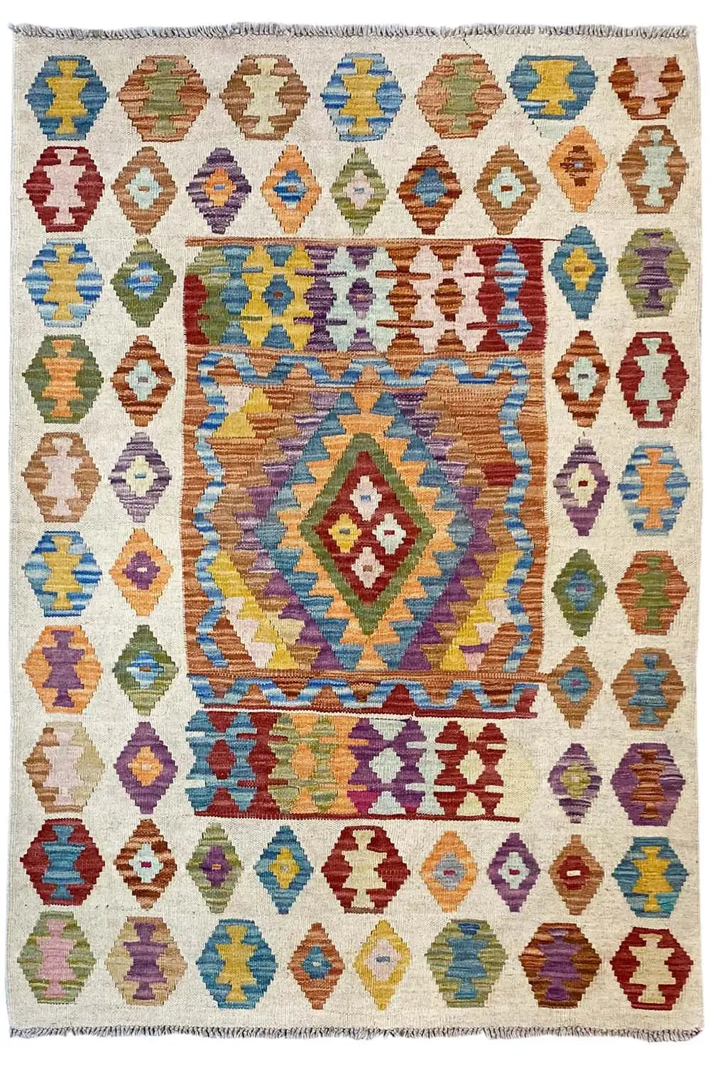 Afghan kilim rug with a central diamond motif and colorful border ornaments