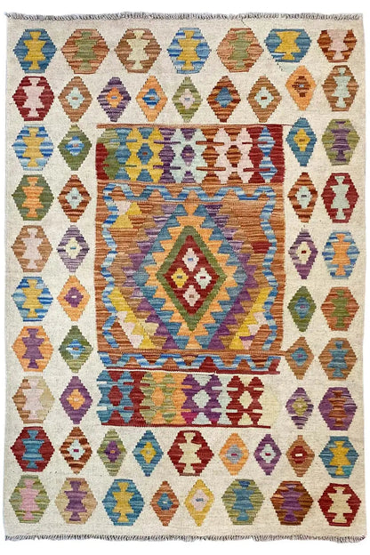 Afghan kilim rug with a central diamond motif and colorful border ornaments