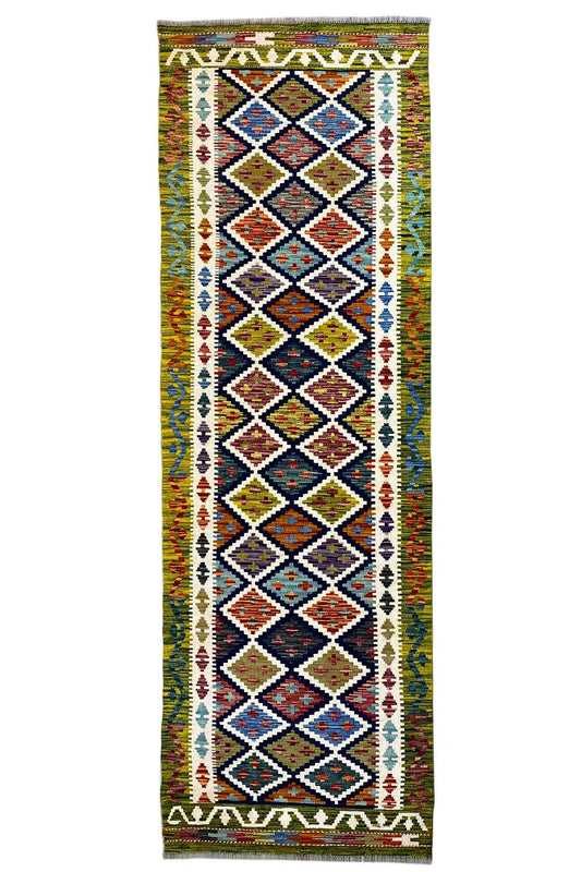 Kilim runner with a geometric diamond pattern, multicolored on a light background