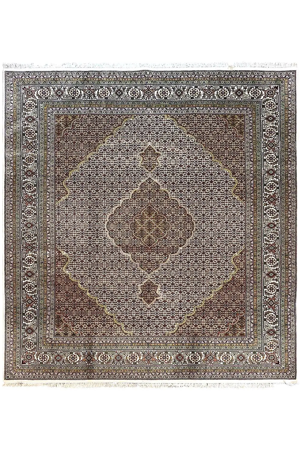 Indo Tabriz rug 309x242 cm with ornamental medallion, dark brown and cream