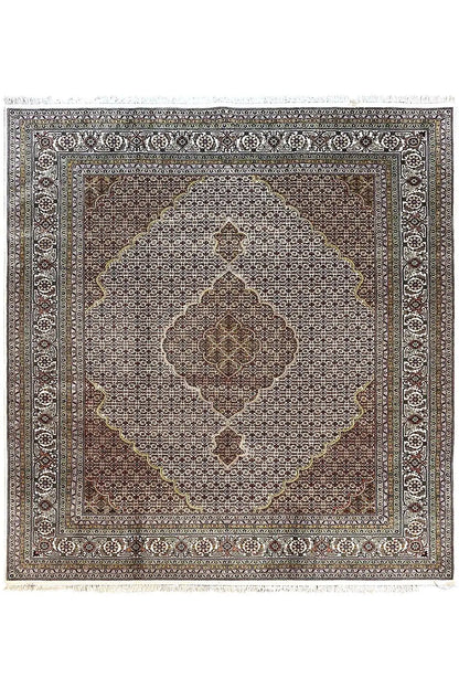 Indo Tabriz rug 309x242 cm with ornamental medallion, dark brown and cream