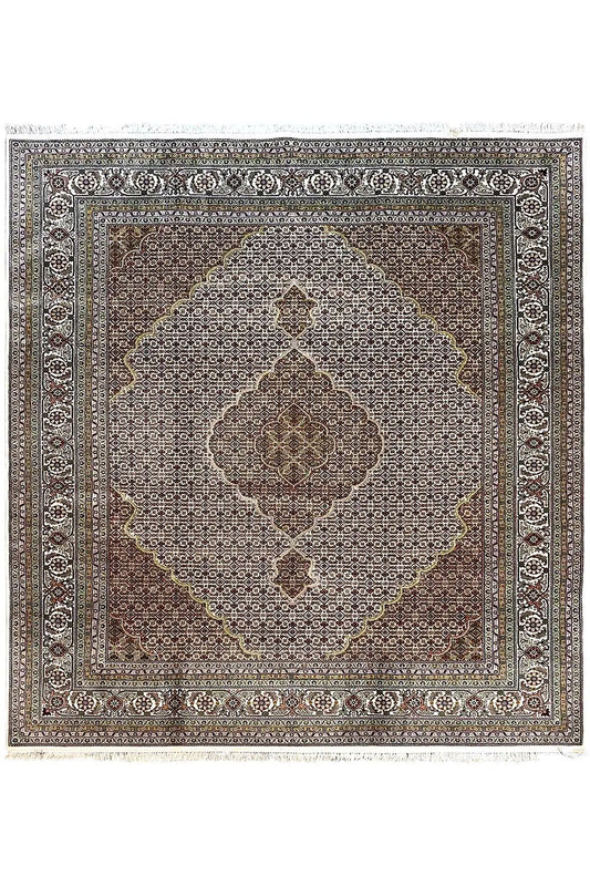 Indo Tabriz rug 309x242 cm with ornamental medallion, dark brown and cream