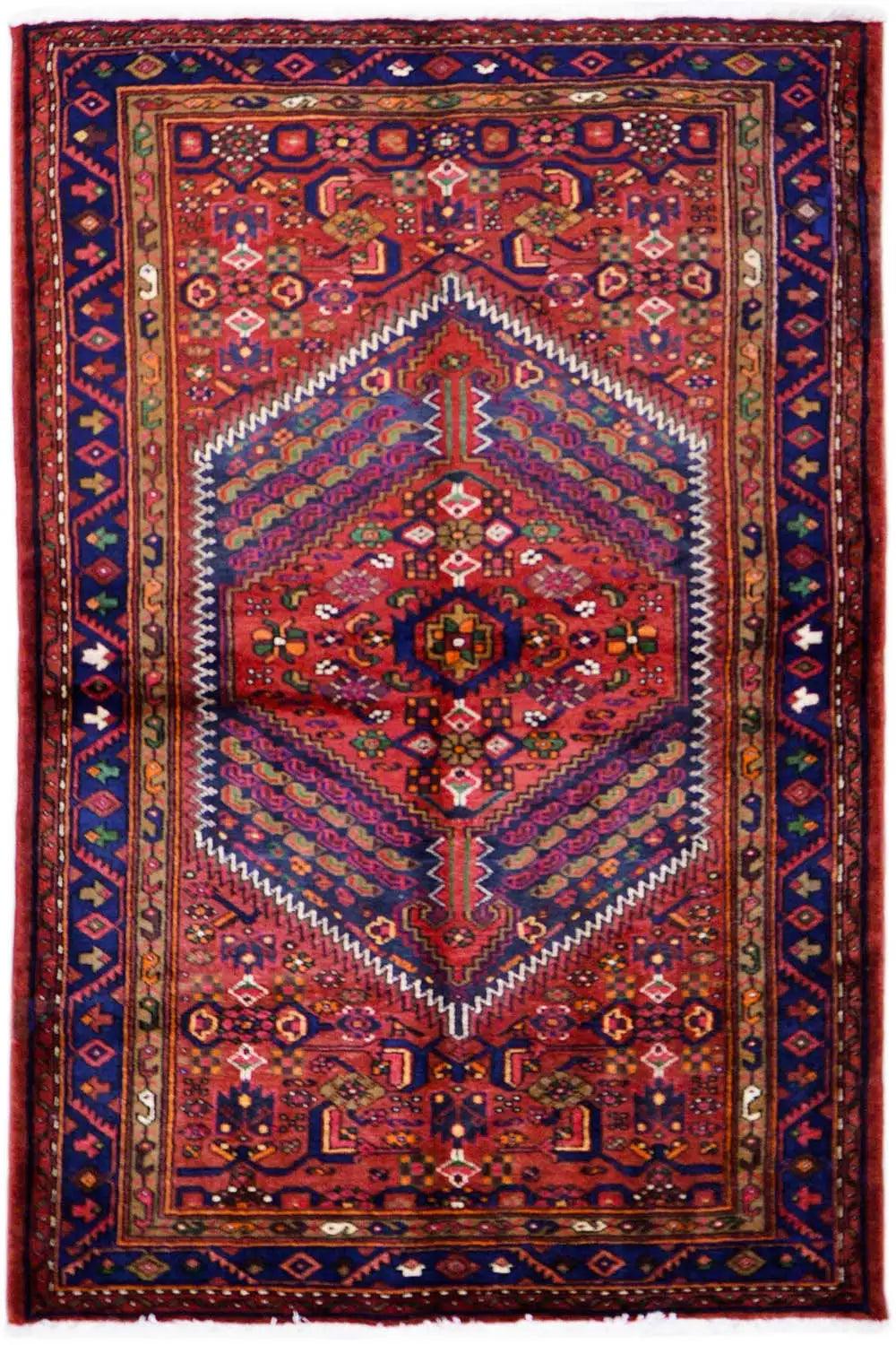 Hamadan rug with a red field, blue border, and star-shaped central ornament