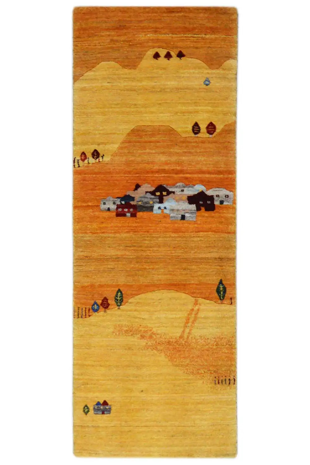 Gabbeh rug (runner) in yellow-orange with a village motif and small colorful figures