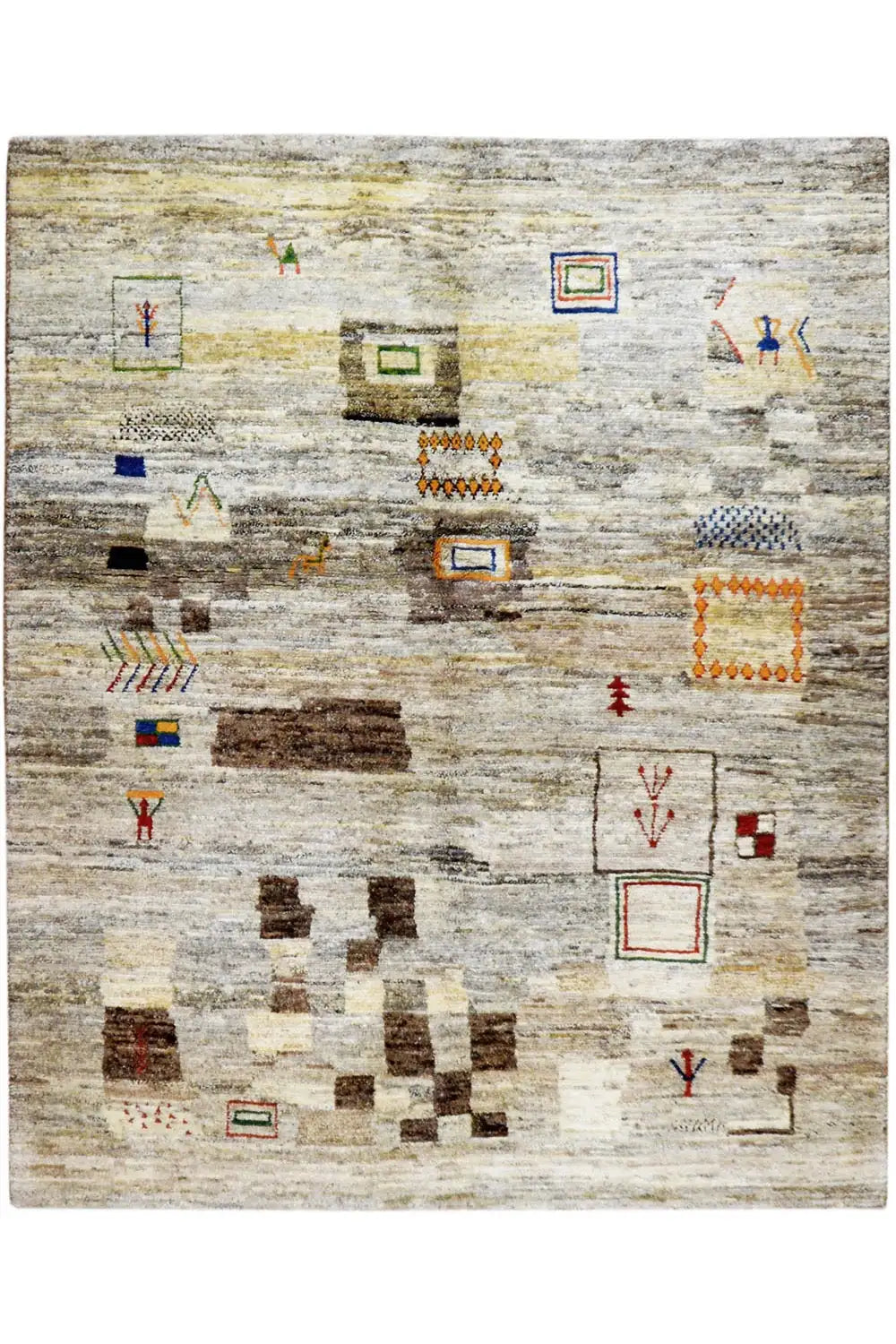 Gabbeh rug (206x147 cm) in light gray with colorful geometric patterns