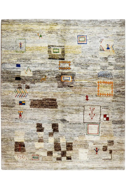 Gabbeh rug (206x147 cm) in light gray with colorful geometric patterns