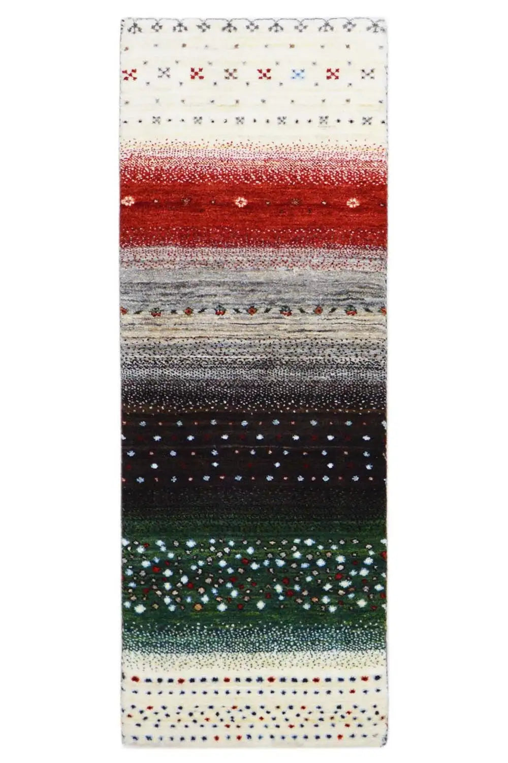 Gabbeh runner Lori, wool rug with stripes in cream, red, gray, and green