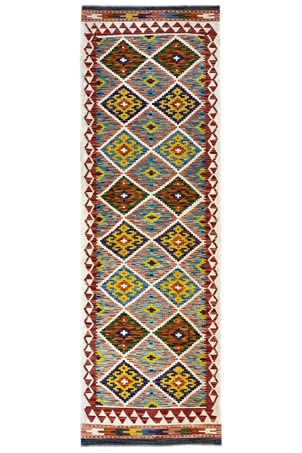 Kilim runner with a geometric pattern, multicolored, rectangular, with fringes