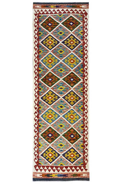 Kilim runner with a geometric pattern, multicolored, rectangular, with fringes