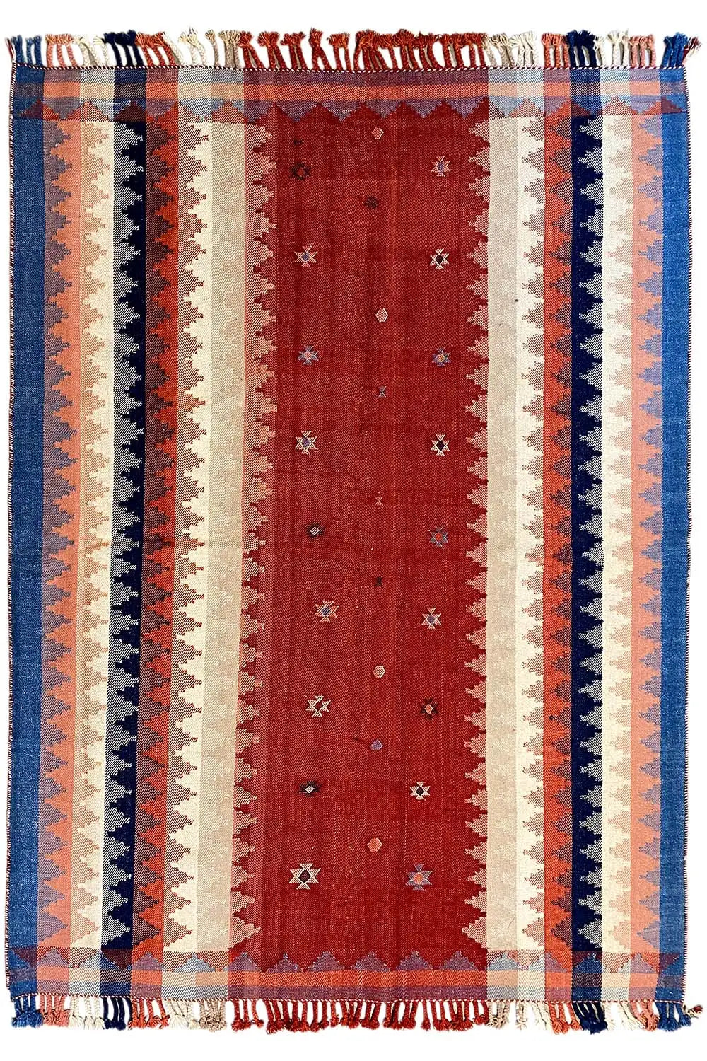 Rectangular jajim rug: red central field, blue-and-white stripes, fringes