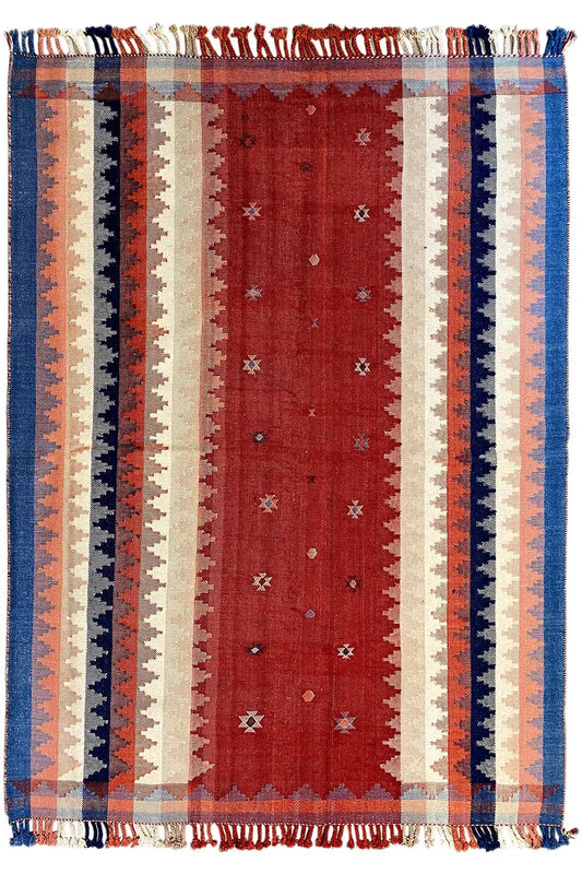 Rectangular jajim rug: red central field, blue-and-white stripes, fringes