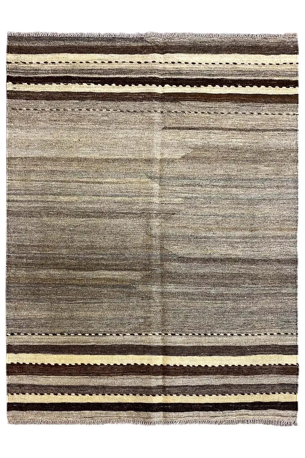 Kilim rug, rectangular: gray surface with striped borders and brown contrasting lines