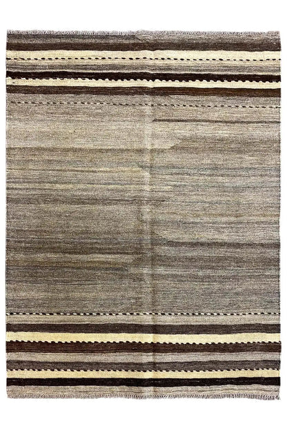 Kilim rug, rectangular: gray surface with striped borders and brown contrasting lines