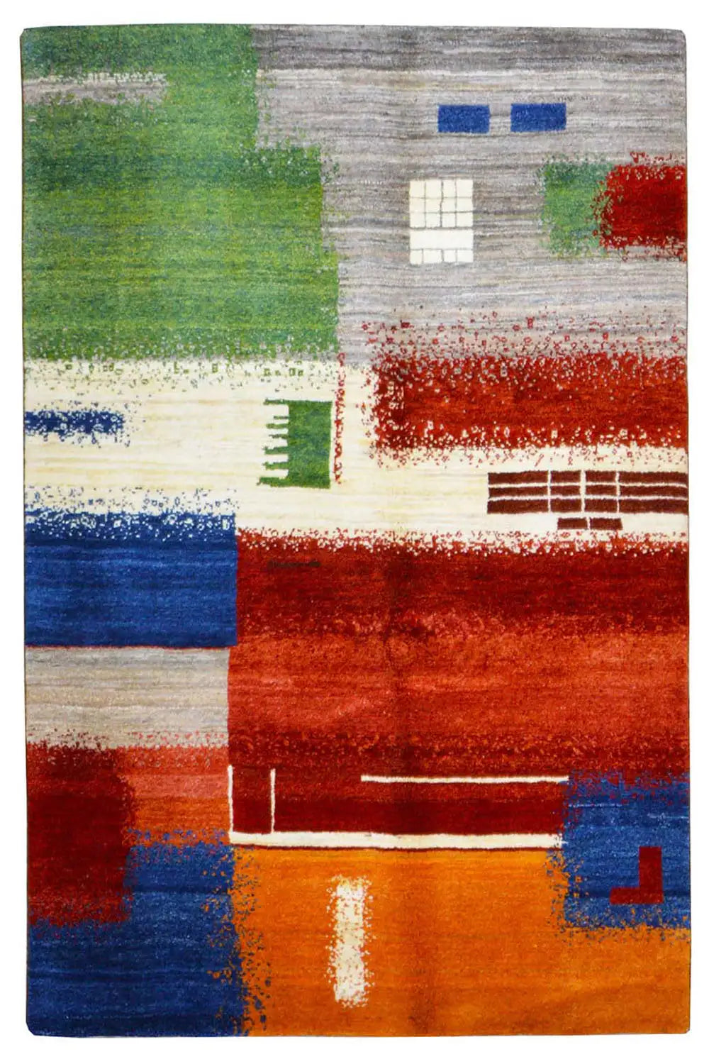 Gabbeh rug (198x150 cm) with a large-scale geometric mix of green, red, blue, and gray