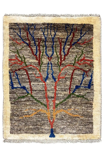 Gabbeh-Lori rug 134x62 cm, beige with colorful patterned lines, tassels