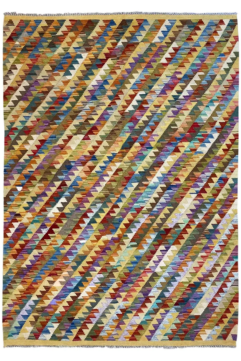 Afghan kilim (198x131 cm), flat-woven pattern with zigzags in blue, red, and beige