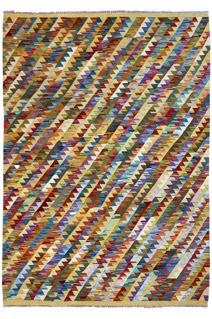 Afghan kilim (198x131 cm), flat-woven pattern with zigzags in blue, red, and beige