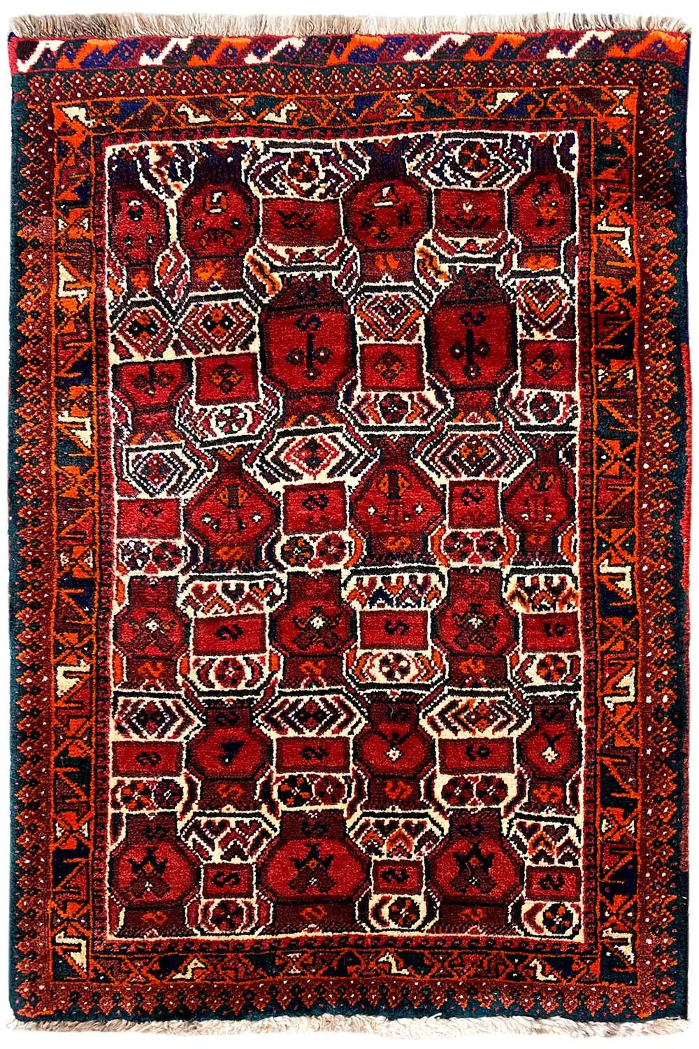 Bordeaux oriental rug with a rectangular frame and multicolored tile design