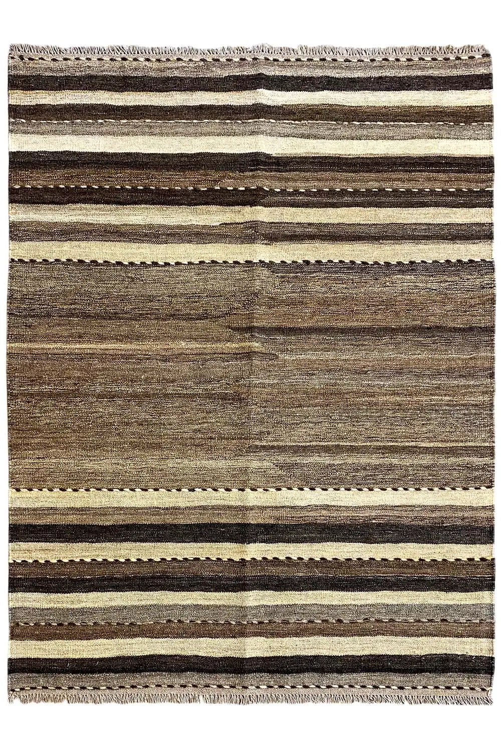 Rug with horizontal stripes in dark brown, gray, and cream, with a fringed edge.