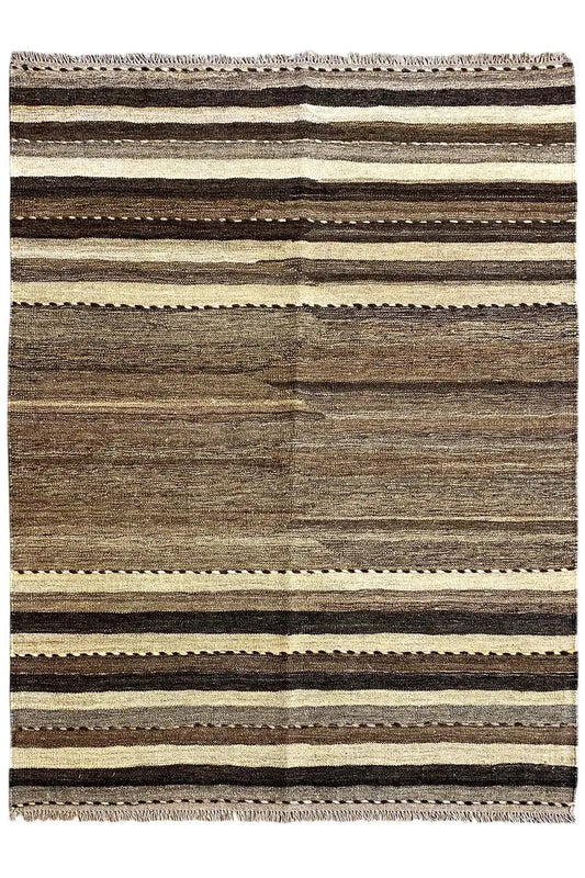 Rug with horizontal stripes in dark brown, gray, and cream, with a fringed edge.