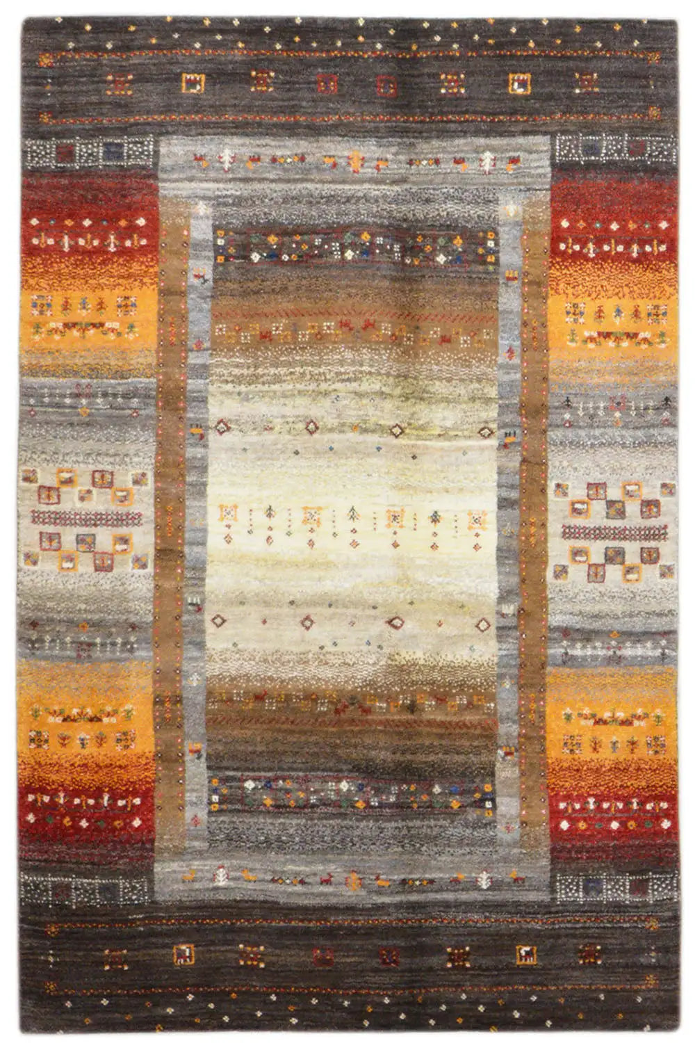 Gabbeh rug, front view, central field with border elements, gray, beige, red, and yellow