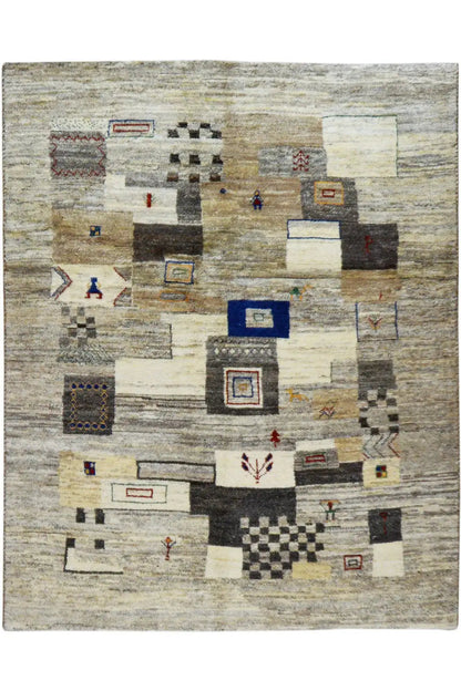 Gabbeh rug 192x152 cm, rectangular, beige with gray patchwork squares and colorful details