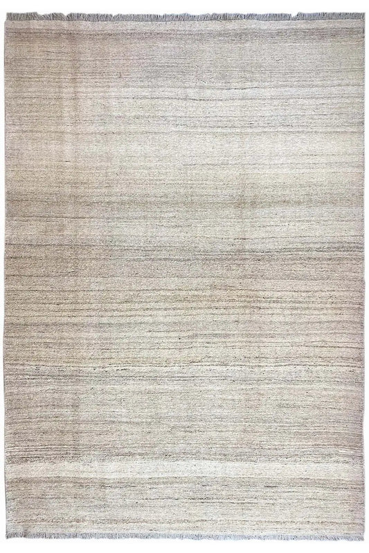 Kelim Qashqai rug, light beige with a fine linear texture and dark border, rectangular