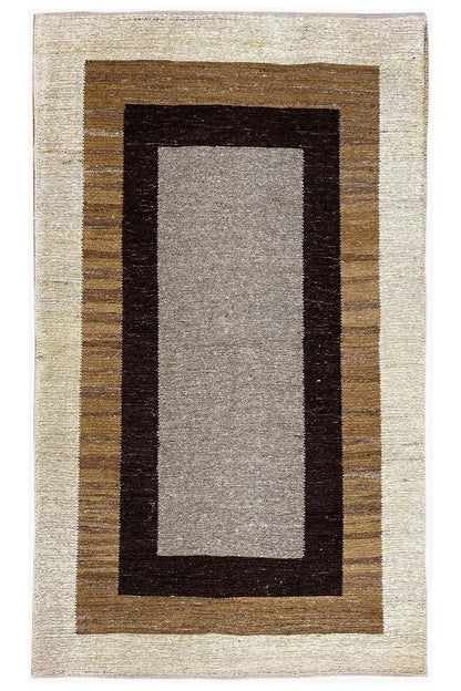 Kelim rug with a rectangular pattern and multicolored border, cream, brown, dark