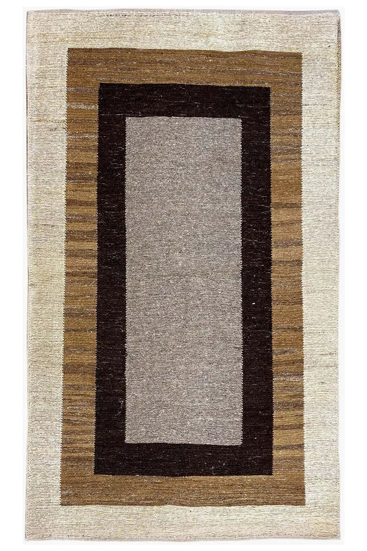 Kelim rug with a rectangular pattern and multicolored border, cream, brown, dark