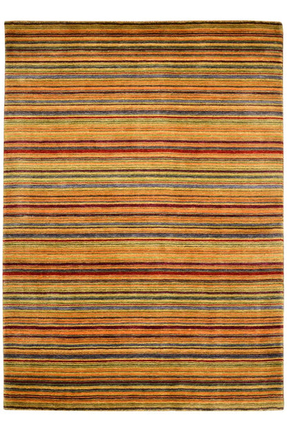 Rectangular rug with flat, horizontal stripes in ochre, blue, red, and gray
