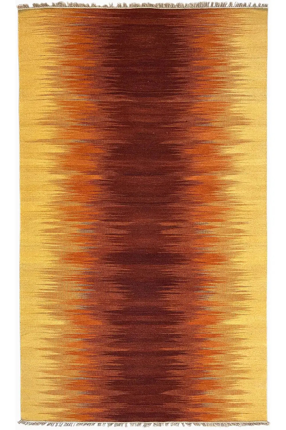 Kilim rug, rectangular, yellow-brown gradient pattern with fringes along the edge