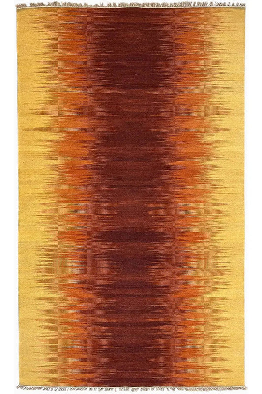 Kilim rug, rectangular, yellow-brown gradient pattern with fringes along the edge
