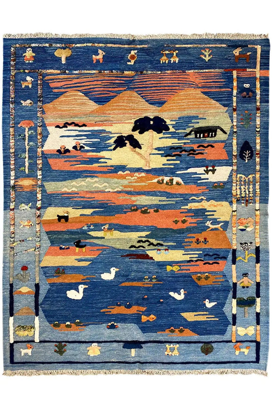 Blue Kilim-Qashqai oriental rug with a landscape field, animals, and decorative border