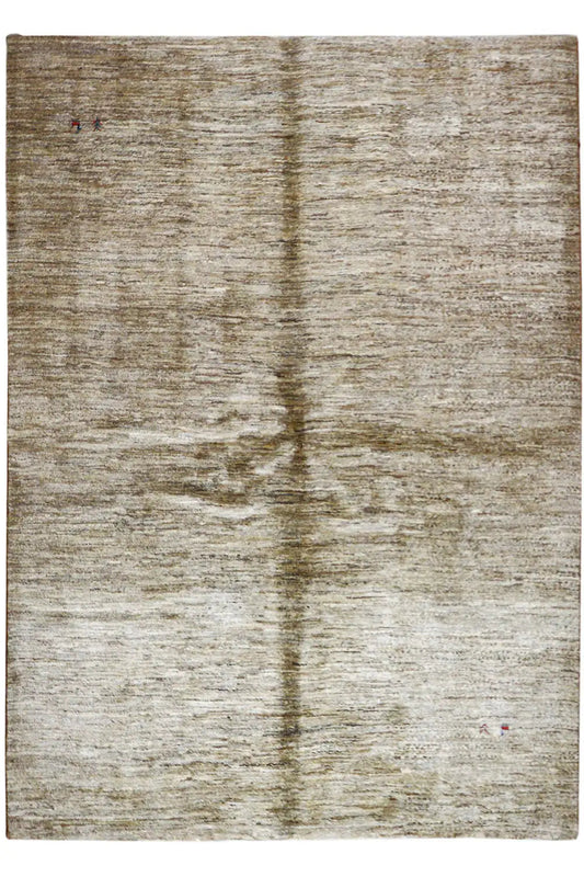 Gabbeh rug: rectangular design in light beige with central gray lines and spots