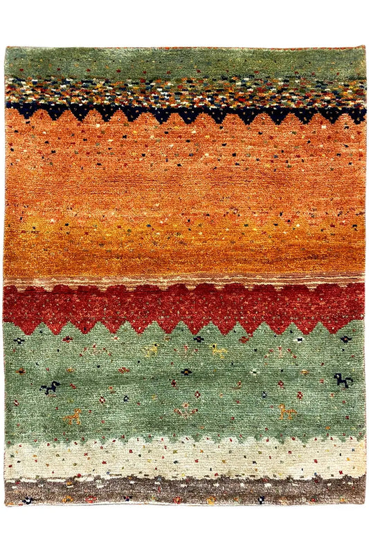 Lori gabbeh rug with wide stripes in orange, red, green, and beige covering the entire surface.