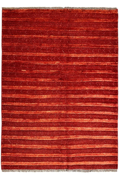 Gabbeh rug 196x147 cm with red horizontal stripes, woven border and fringes